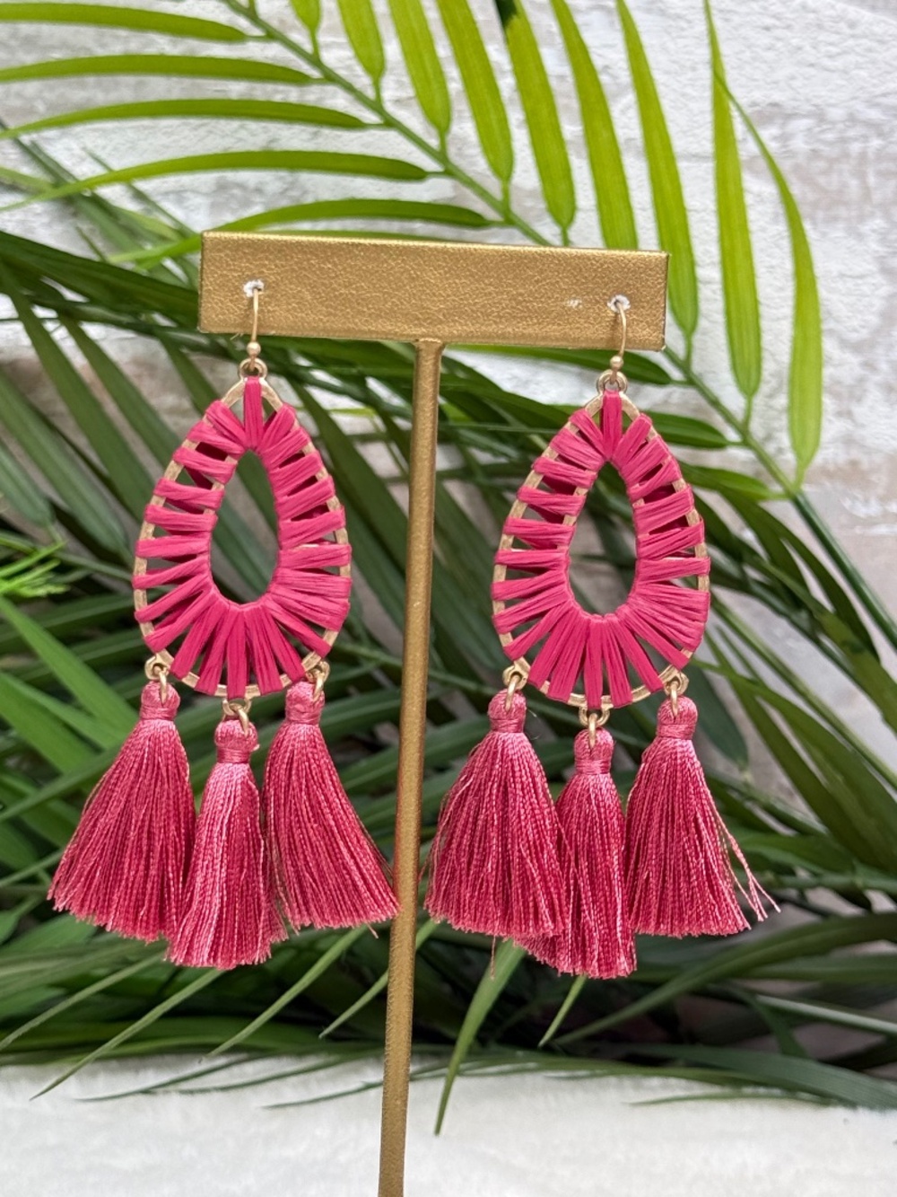 Pink Raffia Tassel Earrings | Teardrop Boho Statement